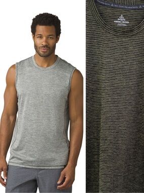 Prana Hardesty Muscle Tank Top L Large in Dark Army Green and Black Stripe